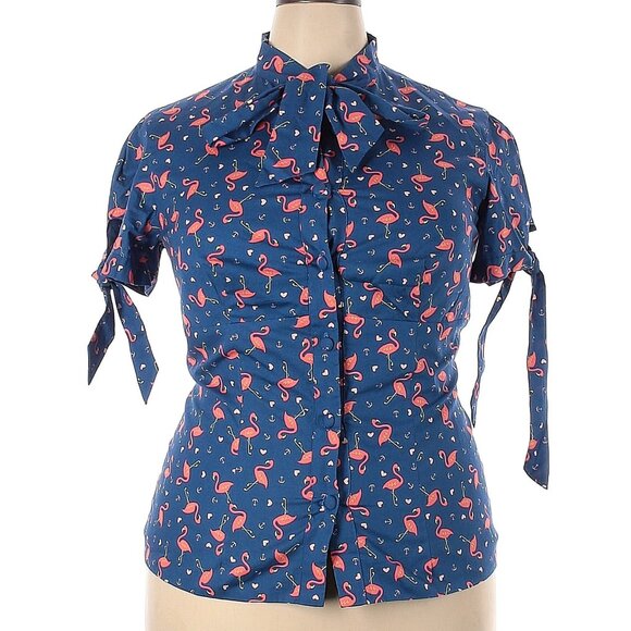 BLUE & PINK FLAMINGOS PRINT TIE BOW DETAIL 100% COTTON BUTTON-DOWN BLOUSE 3X - Picture 1 of 8